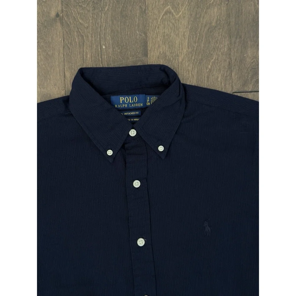 Polo Ralph Lauren Mens Seersucker Striped Shirt RL Untucked Fit Navy Blue Small
